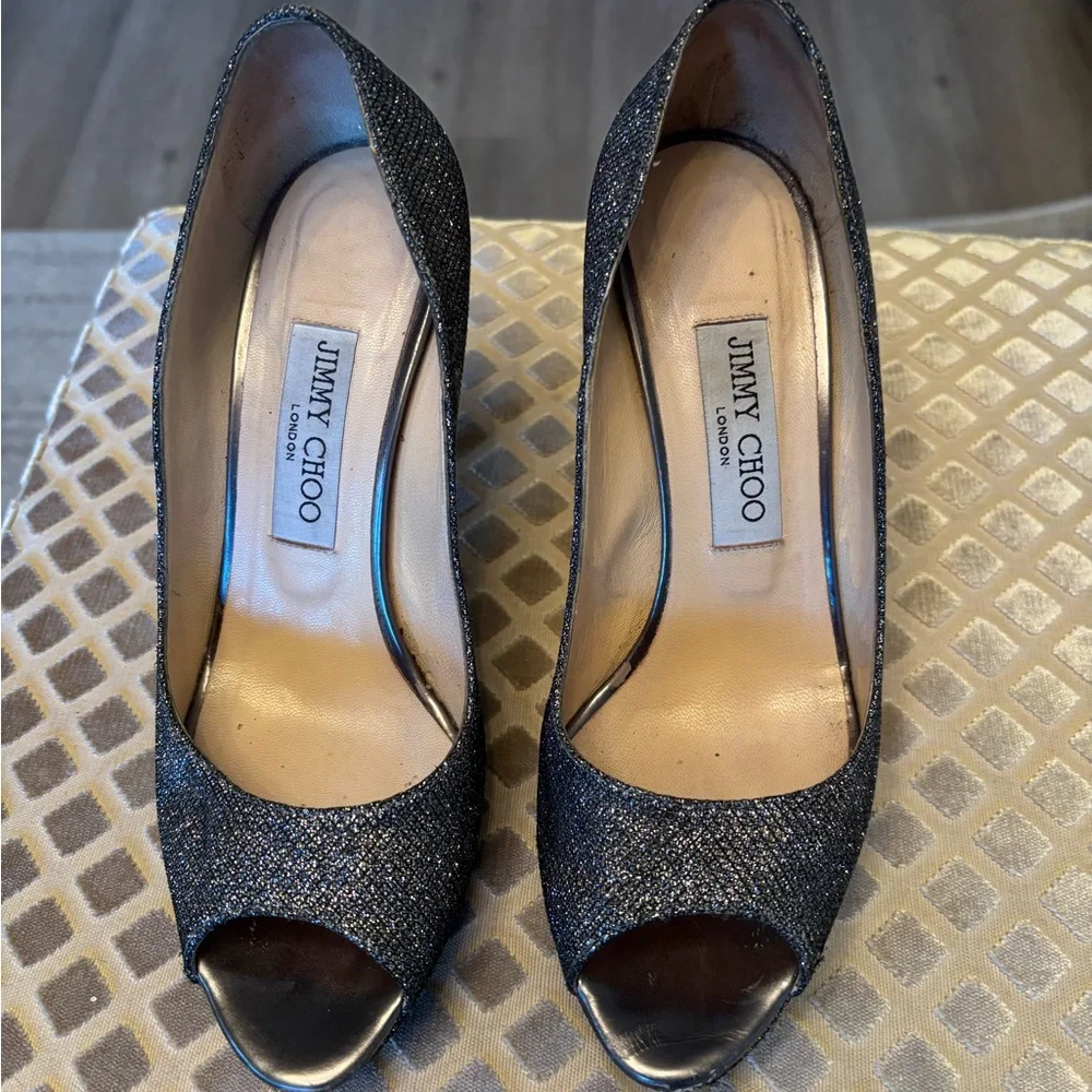 Jimmy Choo Stiletto Luna Pump Silver Glitter Size 37.5 Hollywood Glam